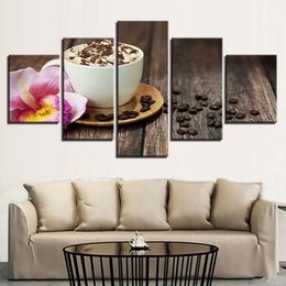 cup coffee pictures UK - Canvas Paintings Wall Art Unframed Kitchen & Restaurant Decor HD Prints 5 Pieces Coffee Beans Flower Pictures Coffee Cup Poster