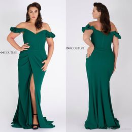 Dark Green Plus Size Mermaid Prom Dresses Off Shoulder Satin High Side Split Sweep Train Formal Dress Evening Wear Party Gowns ogstuff