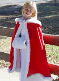 Long Red Hooded Flowers Girls Cape With Muffs Cheap Custom For Wedding Cloaks Christmas White Ivory Faux Fur Winter Wedding Jacket Wraps