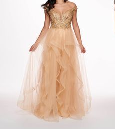 Champagne Gold Prom Dress Long Sexy Sheer Back Red Evening Dress with Beading High Quality Zipper Back