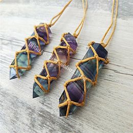 10Pc 35-45mm Natural Rainbow Fluorite Prism Crystal Point Pendant Wrap Braided Macrame Necklace Men Women Energy Adjustable Necklace Jewellery