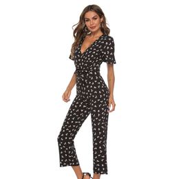 Sexy Women's Bodycon Jumpsuit Playsuit Chiffon Printed V Neck Bodywear Jumpsuits Short Sleeve Beach Party Women Outfit Clothes
