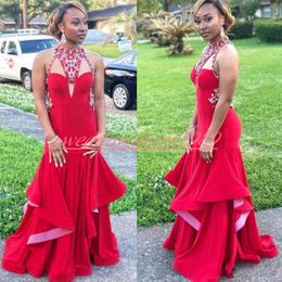 Fashion Black Girl Mermaid Prom Dresses Beads Satin Tiers Plus Size South African Backless Evening Robe De Soire Party African Formal Gowns