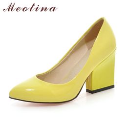 Meotina High Heels Shoes Women White Wedding Shoes Thick High Heels Fashion Party Pumps Footwear Yellow Red Big Size 9 10 41 43