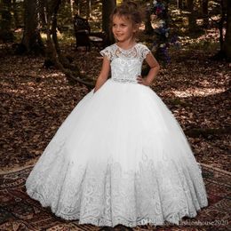 Princess Jewel White Neck Cap Sleeves Beaded Lace Applique Sash Child Pageant Gowns Flower Girl for Weddings Dresses