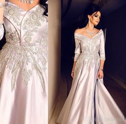 Sleeves Stylish Long Evening Dresses Satin Embroidery Appliqued Sexy Off the Shoulder Prom Party Ball Gown Custom Made