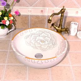 Peony Painting China Artistic Handmade Ceramic Bathroom Sinks Lavobo Round Counter top above counter basin