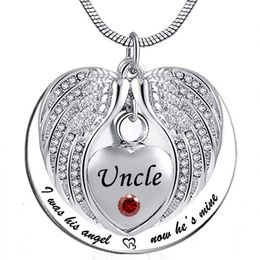 Angel Wing Memorial Keepsake Ashes Urn Pendant Birthstone crystal Necklace, i used to be his angle, now he's mine -for uncle