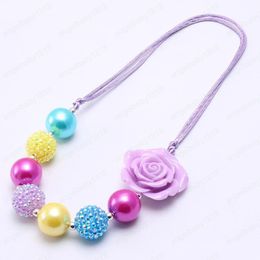 Pretty Rose Flower Kid Chunky Necklace Adjusted Rope Bubblegume Bead Chunky Necklace Jewelry For Baby Kid Girl