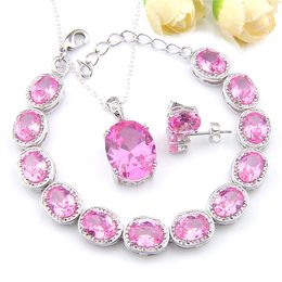 LuckyShine Silver 925 Necklaces Oval Pink Kunzite Gems Bracelet Stud Pendants Engagements Jewelry Sets For Woman's Free shipping