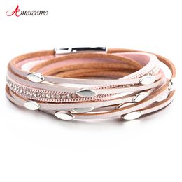 Amorcome Leather Bracelets For Women Bracelets & Bangles Leaf Charm Boho Multi Layers Wrap Bracelet Femme Jewelry Gift