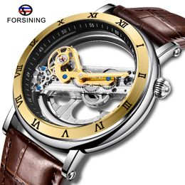 FORSINING Automatic Mechanical Fashion Dress Skeleton Wrist Watch Brown Leather Strap Band Analogue Clock Relogio Masculino