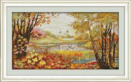 Autumnal scenery pond home decor painting ,Handmade Cross Stitch Embroidery Needlework sets counted print on canvas DMC 14CT /11CT