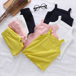 Kids Clothes Baby Girls Cotton Suspender Vest Shorts Suits Summer Solid Top Pants Clothing Sets Infant Candy Colour Soft Clothes YP834