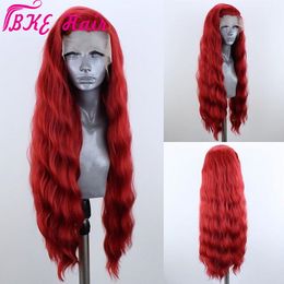 Hotselling Red Color Heat Resistant natural Hair Wigs cosplay Party Wigs natural Wavy Synthetic Lace Front Wigs for Women