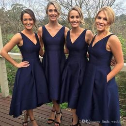 2019 Tea Length Navy Blue Bridesmaid Dress A Line Short Pockets Wedding Guest Reception Formal Maid of Honor Gown Plus Size Custom Made
