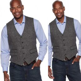 Dark Gray Farm Wedding Vests Wool Herringbone Tweed Vests Slim Fit Groom Vest Five Button Prom Waistcoat