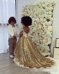 Sparkly Gold Sequins Flower Girls' Dresses Long Sleeves Lace Applique Jewel Neck A Line Custom Made Little Girl Pageant Ball Gown