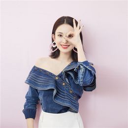 New design women's denim jeans buttons patchwork ruffles off shoulder long sleeve blouse shirt plus size S M L tops
