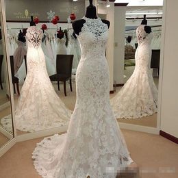 2020 Plus Size Full Lace Mermaid Wedding Dresses High Neck Sweep Train Custom Made Garden Western Country Bridal Gown Cheap Robe De Marriage