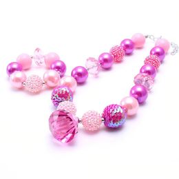 hot pink beads necklace UK - Hot Pink Color Kid Chunky Necklace&Bracelet Set Fashion Pendant Children Girl Toddler Bubblegum Chunky Bead Necklace Jewelry Set