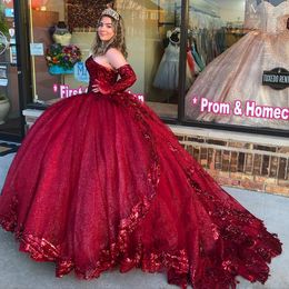 Bury Sparkly Lace Sexy Quinceanera Prom Dresses Long Sleeves Sweetheart Ball Gown Evening Party Sweet 16 Dress ZJ104