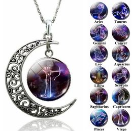 New Fashion Galaxy 12 Constellation Design Time gemstone necklace Zodiac Sign Horoscope Astrology Pendant Necklace For Women Men gift