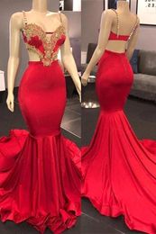 Red Spaghetti Straps Satin Mermaid Dresses Lace Applique Beaded Sweep Train Long Prom Gowns Formal Party Dress BC