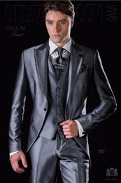 Handsome One Button Shiny Grey Groom Tuxedos Peak Lapel Men Suits 3 pieces Wedding/Prom/Dinner Blazer (Jacket+Pants+Vest+Tie) W662