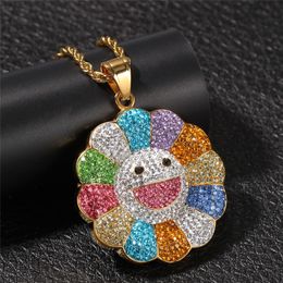 Stainless Steel Yellow White Gold Plated Full Rhinestone Flower Pendant Necklace with Free Cuban Chain for Men Women Hot Gift