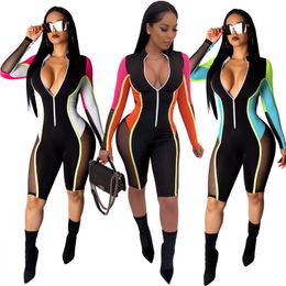 Color Patchwork Sheer Mesh Jumpsuit Bandage Women Sexy Zipper V Neck Long Sleeve Shorts Romper Night Club Playsuit S-3XL