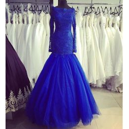 Lace Long Sleeve Trumpet Evening Dresses Formal Long Off The Shoulder Royal Blue Tulle Zipper Mermaid Special Occasion Dress Women Prom Gown