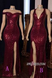 Real Image Sexy Burgundy Sequins Side Split Prom Dresses Mermaid Sleeveless V Neck Dress Evening Wear Custom Party Gowns