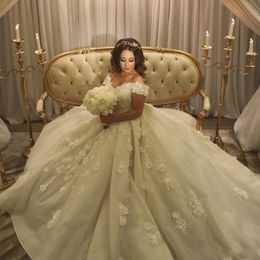 Luxury Flowers Ball Gown Wedding Dresses Off Shoulder Appliques Abric Dubai Wedding Gown Puffy Skirt Church vestidos de novia