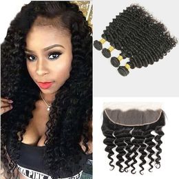 Mongolian Virgin Hair Deep Wave Natural Colour 4 Pieces/lot Curly 3 Bundles With 13X4 Lace Frontal 8-30inch Free Part