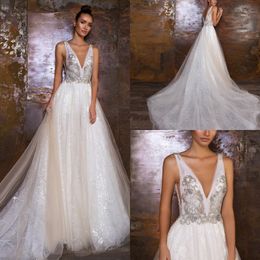 Crystal Design Wedding Dresses V Neck Backless Bridal Gowns With Beads Custom Long Train Lace A Line Wedding Dress Plus Size