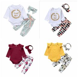 Baby Clothes Kids Girls Letter Printed Top Floral Printed Pants Headband Clothing Sets Ruffle T Shirt Striped Pants Bowknot Hairband YP621