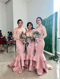 Pink New Blush Off Shoulder Mermaid Bridesmaid 3/4 Sleeves Long Formal Maid Of Honor Gowns Wedding Guest Dress Tiered