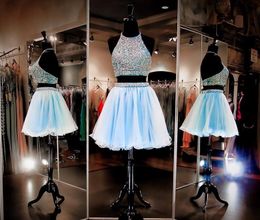 Cheap Free Shipping Blue Two Piece Halter Neck Backless Beaded Bodice Mini Length Chiffon Homecoming Prom Dresses HY1632