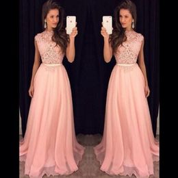 Stunning Long Prom Dresses Jewel Neck Sheer See Through Top Beaded Lace Appliques A-line Blush Pink Daffodil Evening Party Gowns