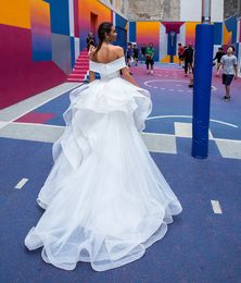 Stunning White Detachable Train Wedding Dresses Off Shoulder Cascading Ruffles Satin Wedding Gown Sweep Train Chapel Bridal Dress243D