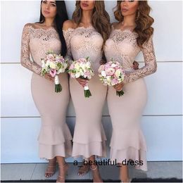 Evening Dresses Bridesmaid Dresses Off Shoulder Lace Appliques Illusion Long Sleeves Tiered Ruffles Guest Dress Maid Of Honour Gowns ED1258