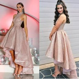 Hi Lo Rose Gold Prom Dresses Ball Gown High Neck Ruched Asymmetrical Skirt Party Dress Elegant Formal Evening Dress vestido de novia Africal