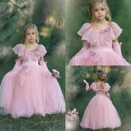 2020 Cute Pink Flower Girl Dresses With Gloves Cheap A Line Jewel Neck First Communion Dress Birthday Custom Made Prom Gowns Party Wear