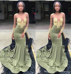 Long Sexy Illusion Sleeves Gold Applique Olive Mermaid Prom Dresses Arabic Dubai Satin Evening Formal Dress Robe De Soiree