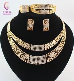African Costume Jewelry Sets Gold color Fashion Crystal Rhinestone Wedding Bridal Necklace Bangle Earrings Ring Set