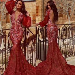 Ebi Arabic Aso Red Mermaid Evening Dresses Beaded Long Sleeve Illusion Lace Prom Dress Sexy V Neck Formal Party Pageant Gowns