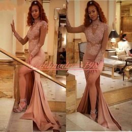 Trendy Split High Neck Mermaid Prom Dresses Lace Long Sleeve Sheer Illusion Evening Gowns Pageant Robe De Soiree Celebrity Special Occasion
