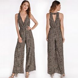 Women Jumpsuit Casual Summer Sexy V-Neck Plaid Printed Sleeveless Sling Wide Leg Pants Romper Overalls Jumpsuits Trousers