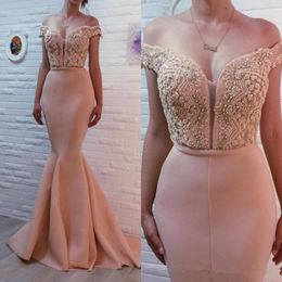 Off the Shoulder Long Mermaid Bridesmaid Dresses Peach Short Sleeves Party Formal Prom Dresses Lace Beaded Country Evening Gowns BA8123